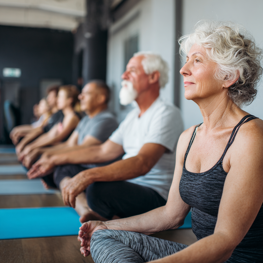 Older adults in yoga class focusing on flexibility and mindful movement